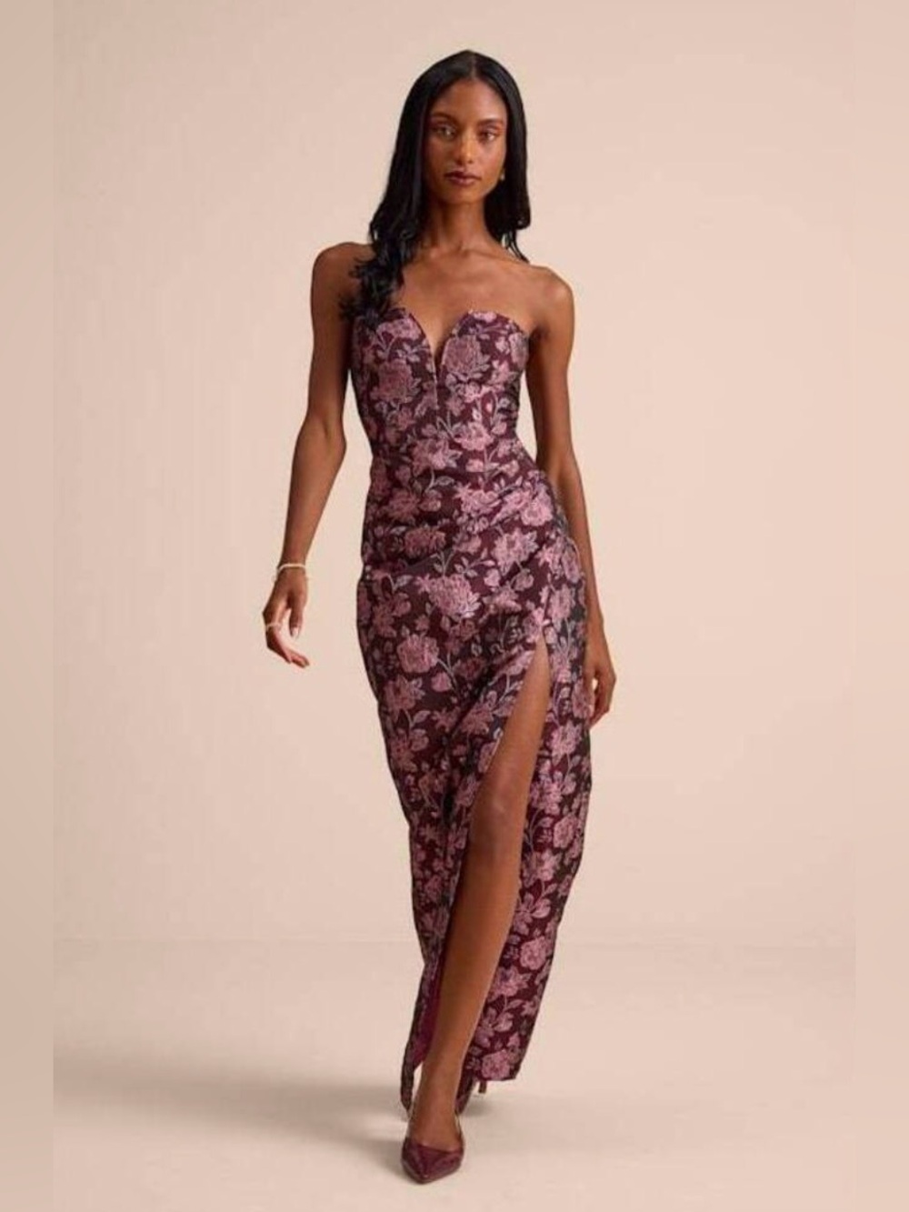 Lulus Damore Plum Floral Jacquard Strapless Tulip Maxi Dress Purple - Size XS